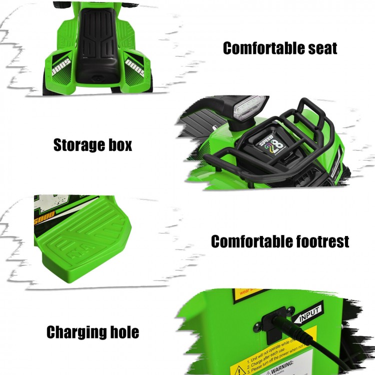 Close-up of the green 6V kids ATV with a comfortable seat, storage box, and charging hole for fun outdoor rides.