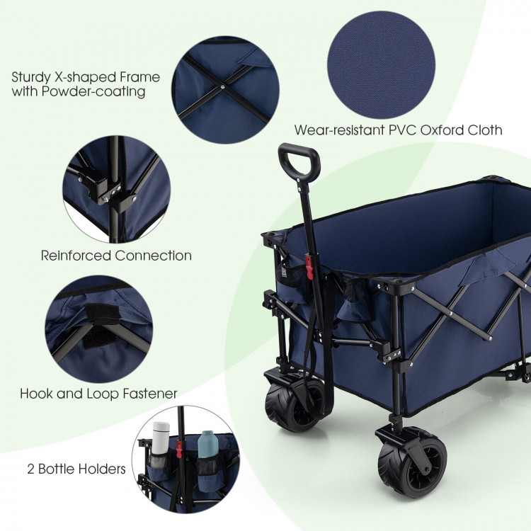 Folding utility garden cart in blue with wide wheels, adjustable handle, and reinforced steel frame for 176 lbs.