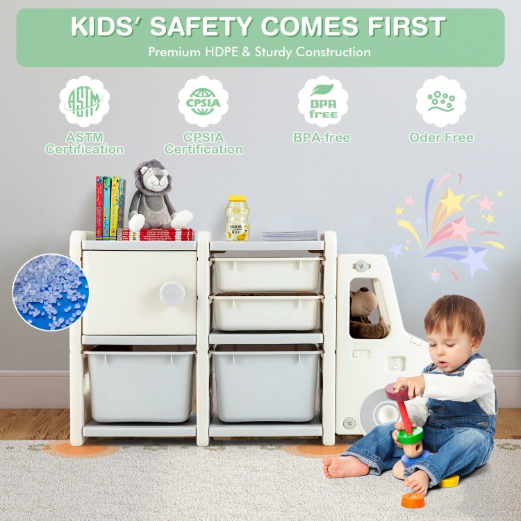 Toddler truck storage organizer in beige with 2 large bins and 2 drawers, perfect for kids' room organization.