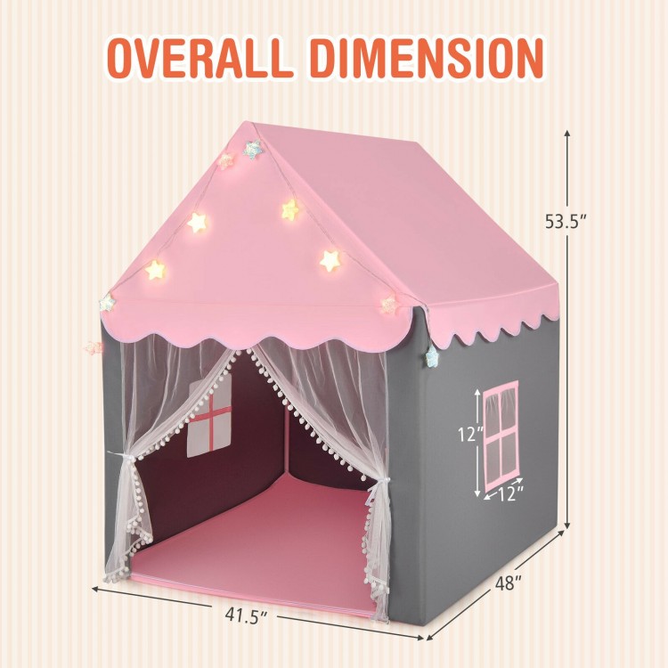 Kids playhouse tent in pink with star lights, featuring mesh windows and a soft mat, perfect for indoor play.