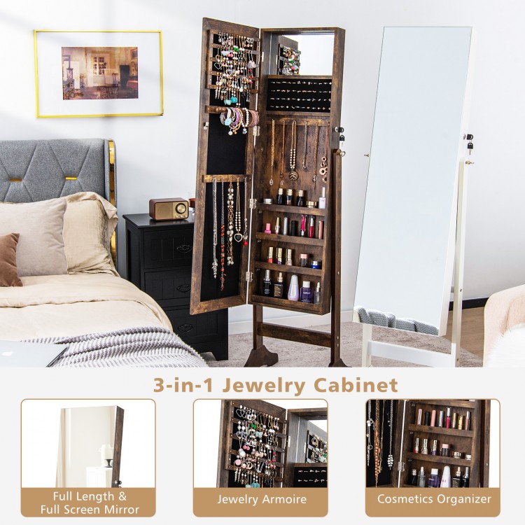 Standing jewelry cabinet with full-length mirror in brown, featuring organized storage for jewelry and cosmetics.
