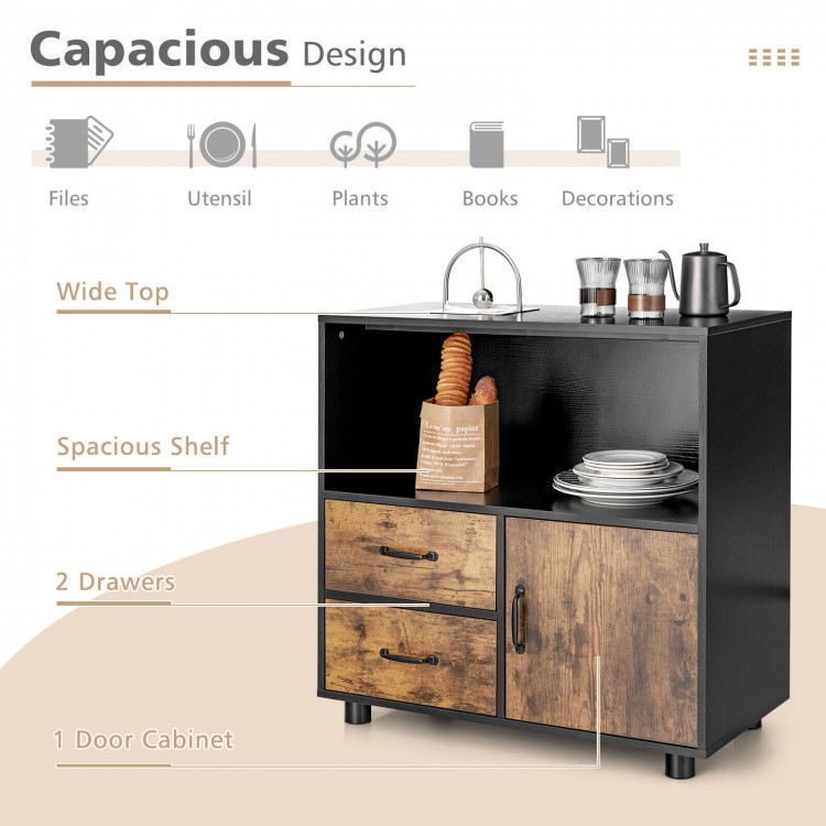 Kitchen storage buffet sideboard in black with 2 drawers, 1 cabinet, and spacious top for printers and decor.