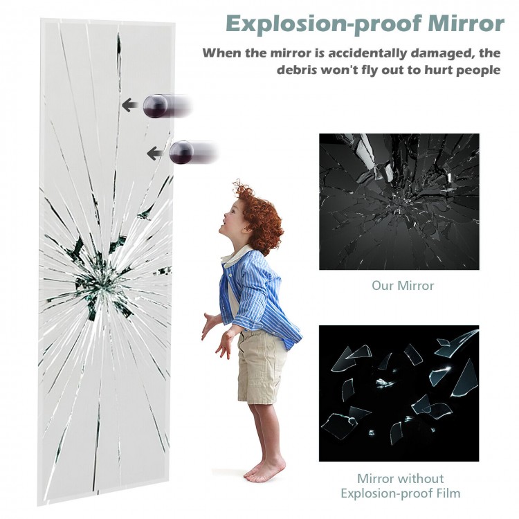 Frameless 43 x 15 inch wall-mounted mirror with explosion-proof film, ideal for bedroom or living room decor.