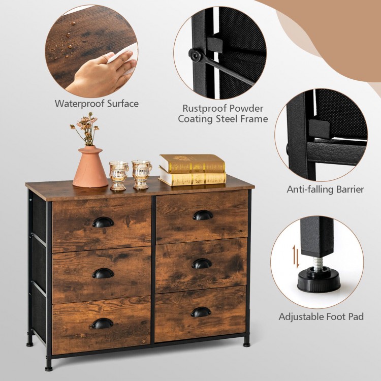 6-drawer storage chest with rustic brown finish, metal handles, and waterproof top, ideal for living room or bedroom.