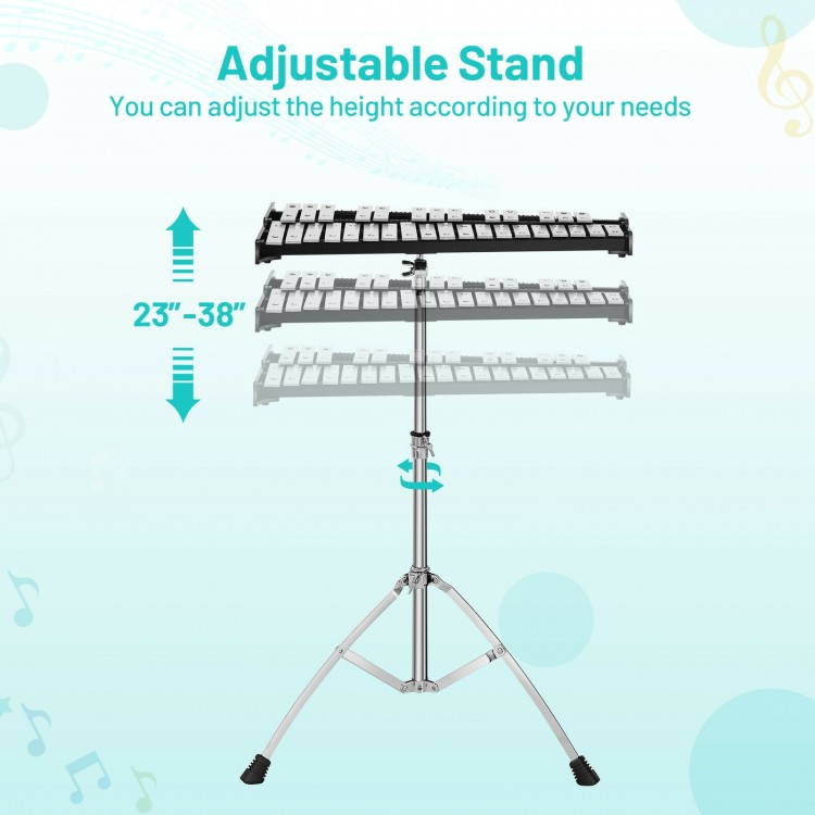 32-note glockenspiel xylophone with adjustable stand, height from 23" to 38", perfect for versatile musical performance.