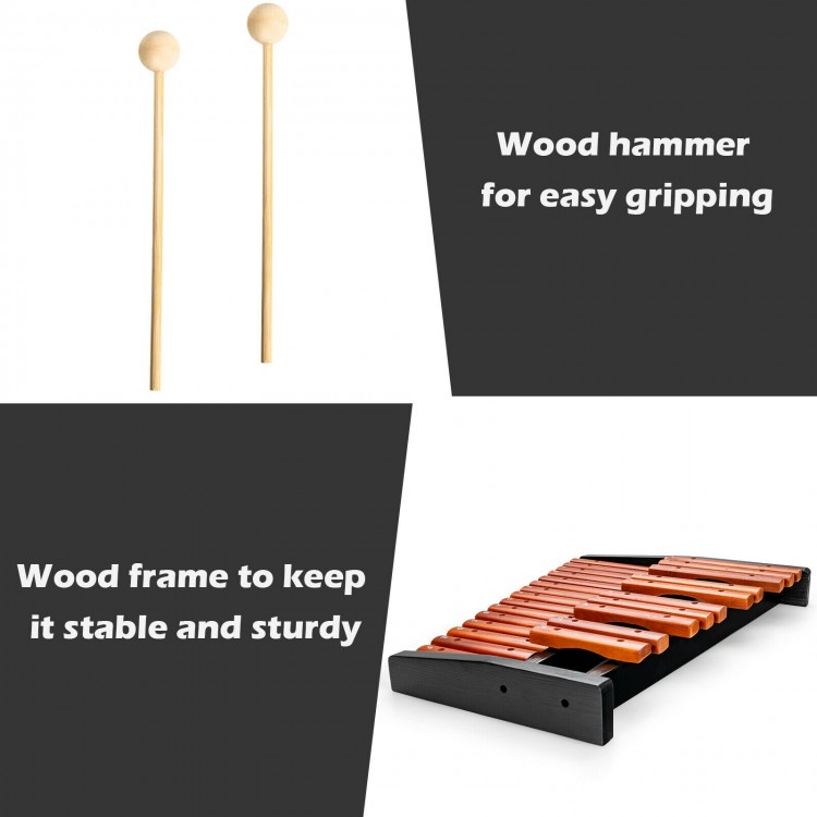 Wooden xylophone with 25 notes, hardwood keys, and two mallets for educational music play and creativity development.