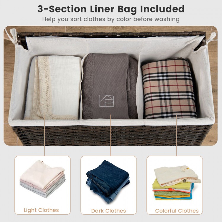 3-section laundry hamper with removable liner bag, brown PE rattan, and handles for easy transport and sorting.