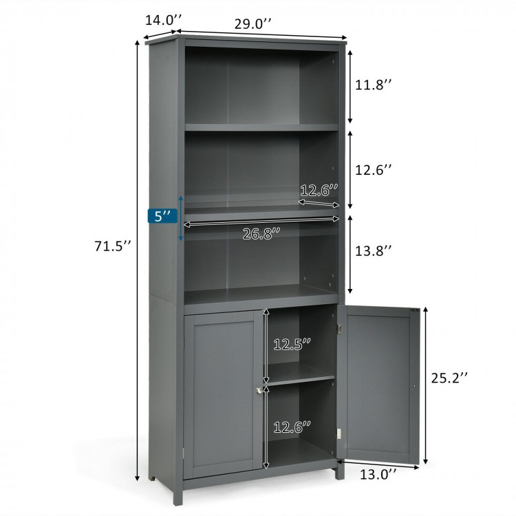 Gray wooden bookcase shelving unit with doors, featuring adjustable shelves and a smooth spray-painted finish for easy.