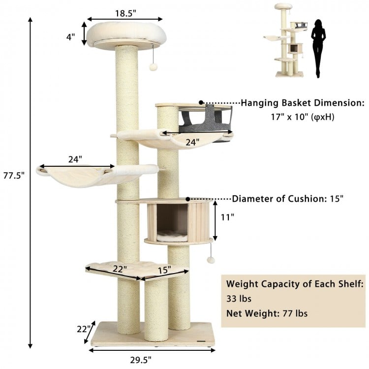 Multi-level 77.5-inch cat tree in cream white with sisal posts, featuring cozy pads and dangling toys for feline fun.