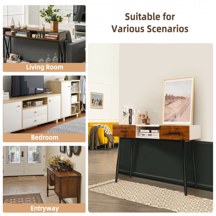 42-inch industrial console table with 2 drawers, suitable for entryway, living room, and bedroom storage needs.