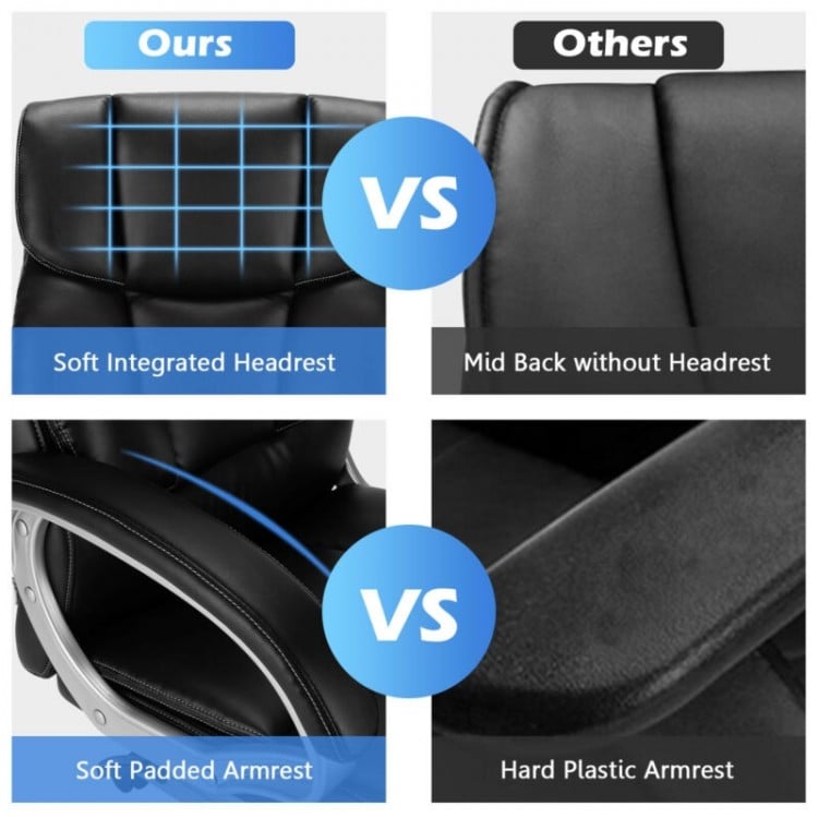 Comparison of ergonomic features: soft integrated headrest and padded armrest vs. hard plastic armrest for comfort.