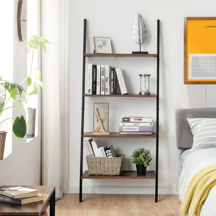 4-tier industrial leaning bookcase with brown particleboard shelves and metal frame, perfect for home organization.