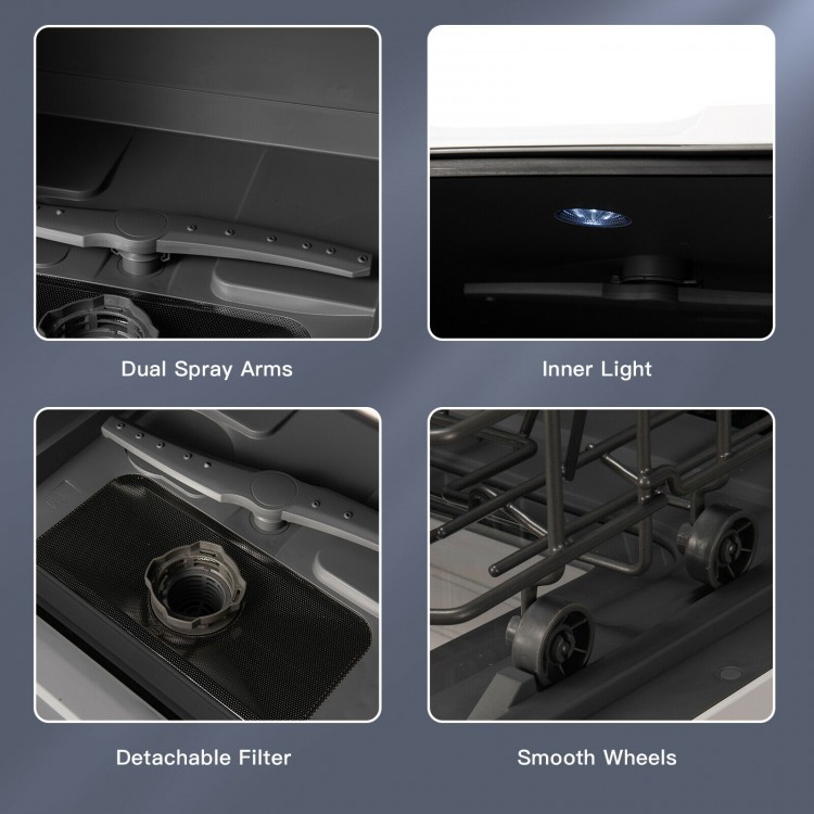 Close-up of the portable countertop dishwasher's dual spray arms and detachable filter for efficient cleaning.