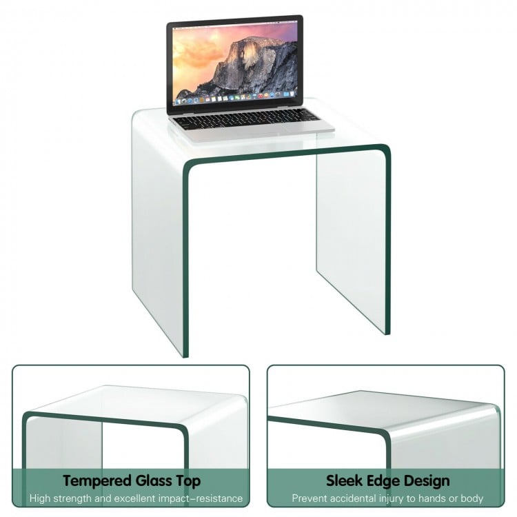 Tempered glass waterfall end table with sleek edges, 18x18x16 inches, ideal for living room or office use.