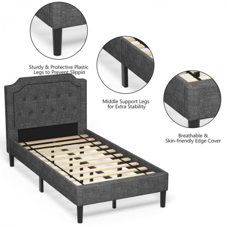 Linen twin upholstered platform bed with button-tufted headboard and sturdy wood slats for enhanced stability and.