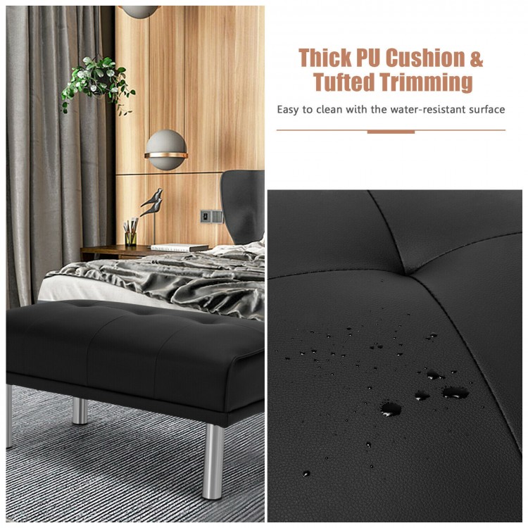 Rectangle tufted ottoman in black with stainless steel legs, featuring a water-resistant PU cushion for versatile.