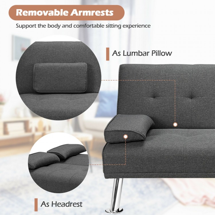Removable armrests of the dark gray convertible futon sofa bed serve as lumbar support or headrest, enhancing comfort.