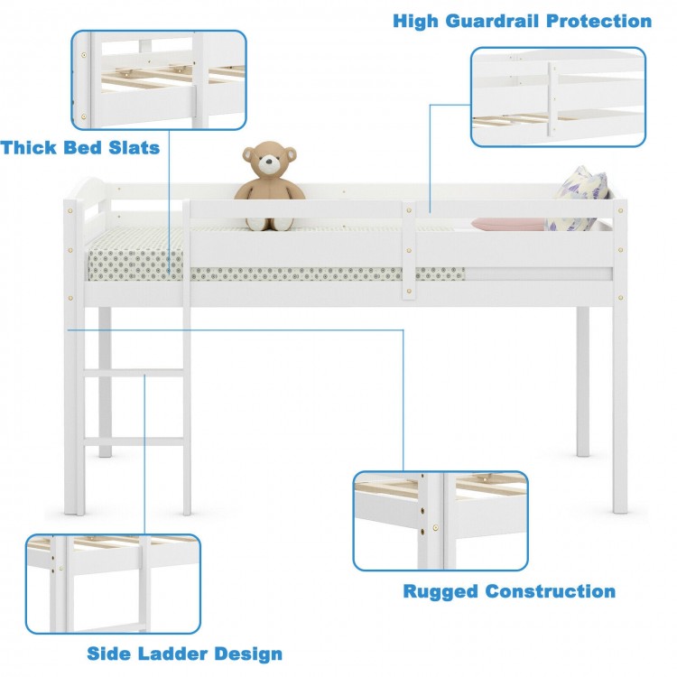 Wooden Twin Low Loft Bunk Bed in white with guard rail, ladder, and thick slats for safety and durability in any room.