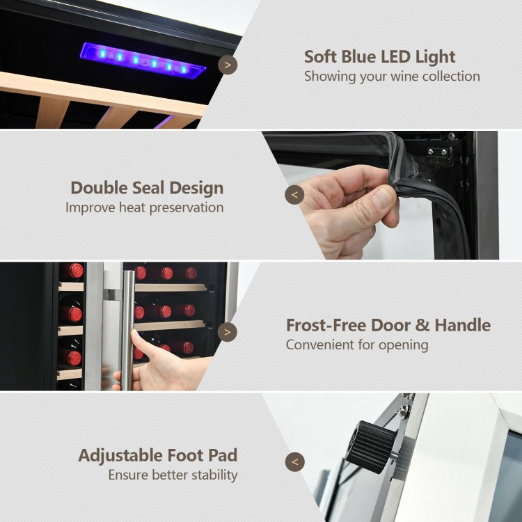 43-bottle wine cooler with dual zone temperature control, stainless steel door, and soft blue LED light for wine.