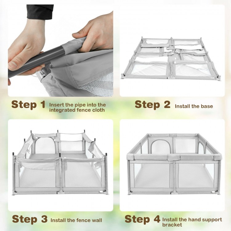 Extra-large gray safety baby fence assembly steps showing base, fence wall, and hand support bracket installation.