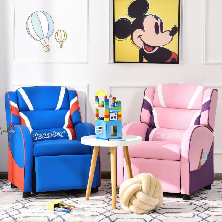 Kids leather recliner chair in blue with adjustable reclining angles and side pockets, perfect for reading or napping.