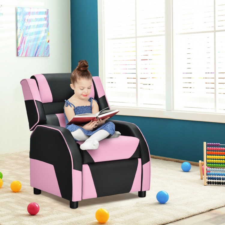 Kids youth PU leather gaming sofa recliner in pink, featuring adjustable backrest and footrest for comfort and.