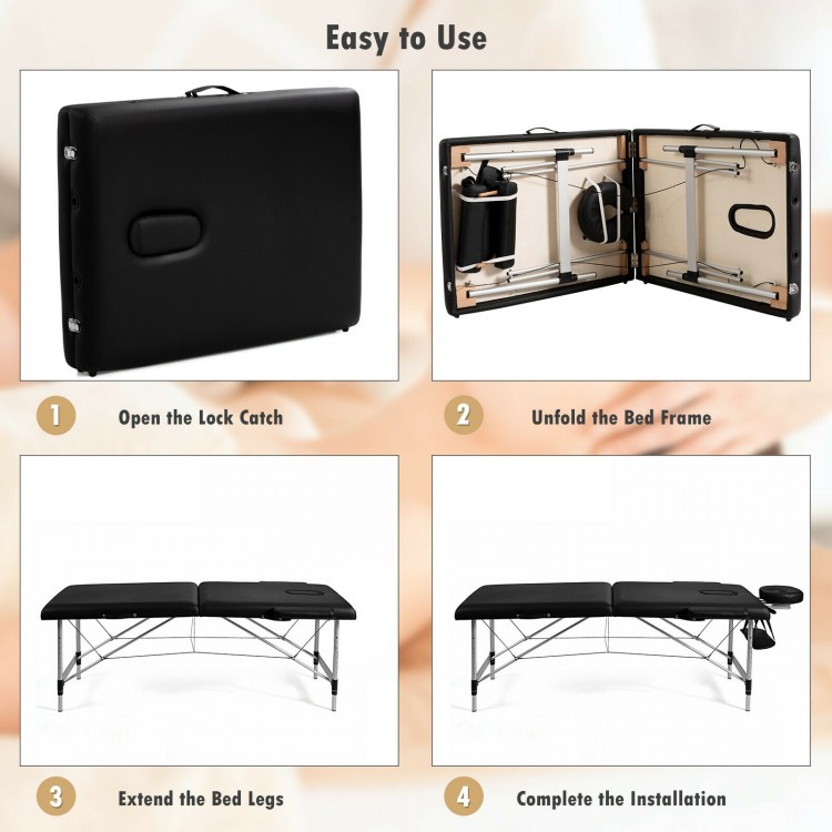 Portable adjustable massage bed in black, featuring a foldable design and high-density sponge for comfort, ideal for.