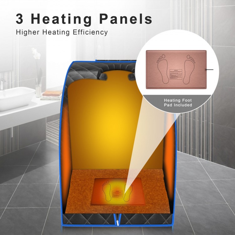 Portable personal far infrared sauna with three heating panels, heating foot pad, and foldable chair for relaxation.