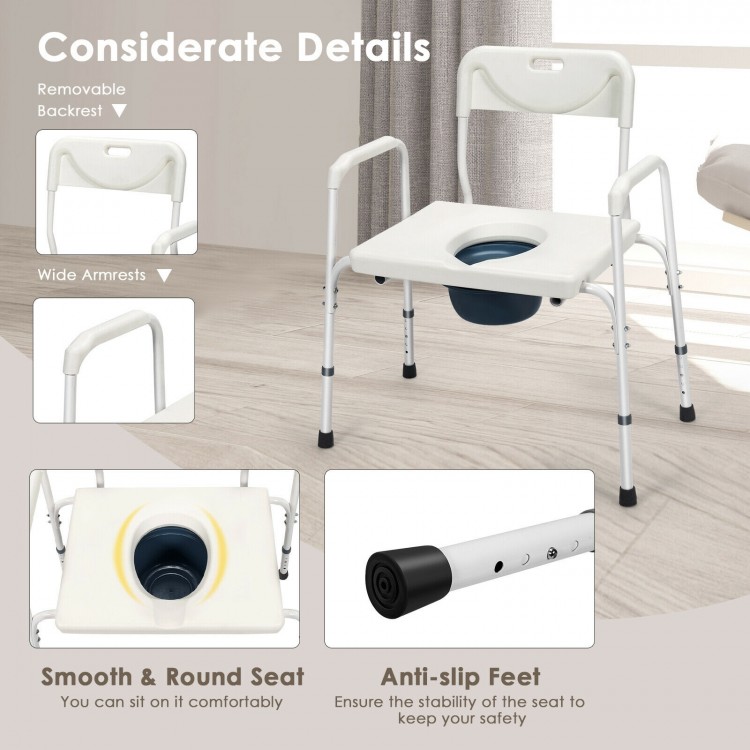 Portable 3-in-1 bedside commode chair with adjustable height, wide armrests, and removable backrest for comfort.
