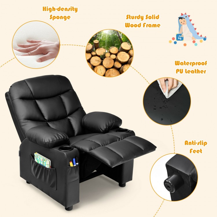 Kids recliner chair in black with cup holder, footrest, and waterproof PU leather, ideal for home theatre and living.