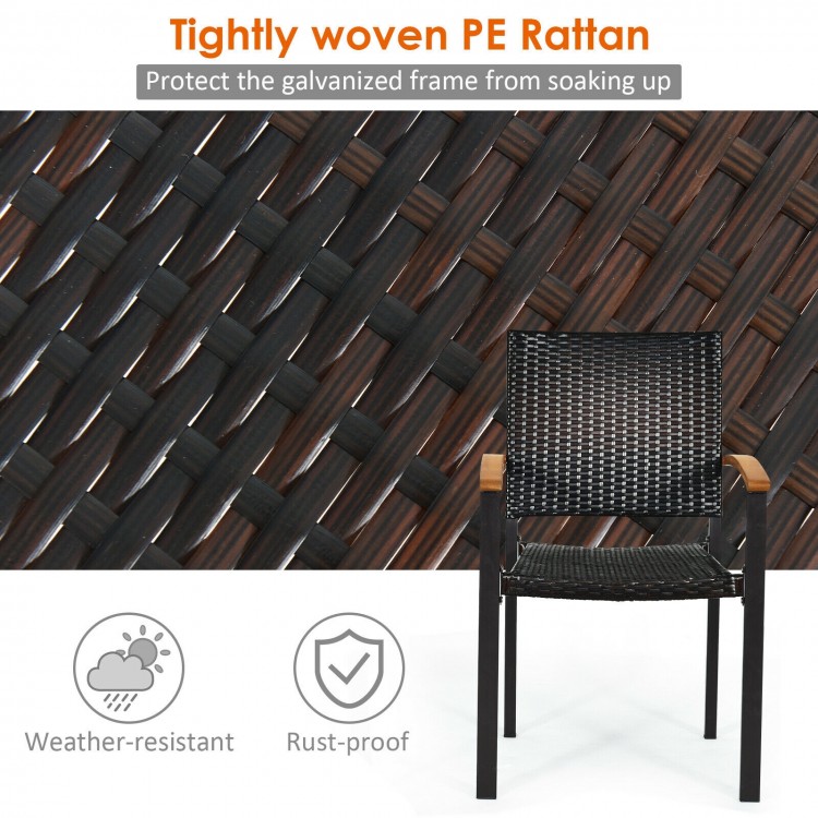 Outdoor patio wicker dining chair featuring tightly woven PE rattan and a powder-coated steel frame for durability.