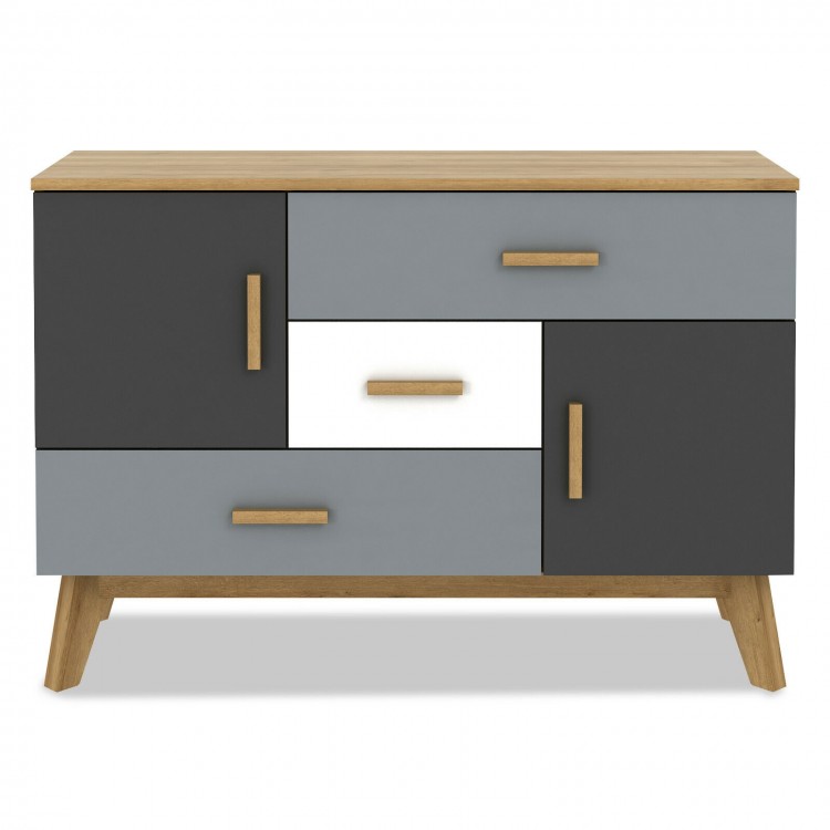Free-standing storage cabinet with 2 doors and 3 drawers in modern design, perfect for bedroom or living room.