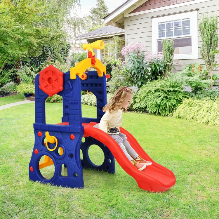 Freestanding kids slide in blue and red with basketball hoop, designed for safe outdoor fun and play.