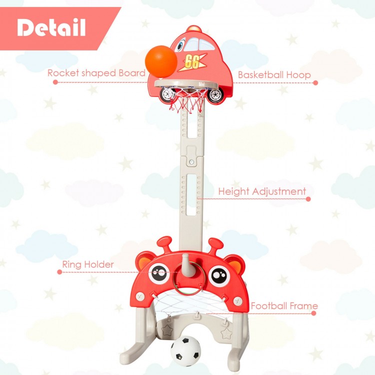3-in-1 adjustable height basketball hoop playset in red with football, basketball, and ring toss for kids' fun and.