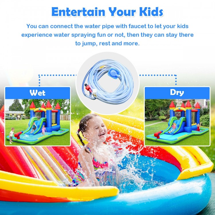 Kids inflatable bounce house water slide with colorful ocean balls, perfect for wet or dry fun in the backyard.