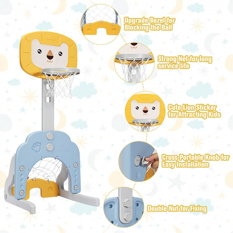 Adjustable kids basketball hoop set in yellow with lion sticker, suitable for ages 2-7, for indoor and outdoor play.