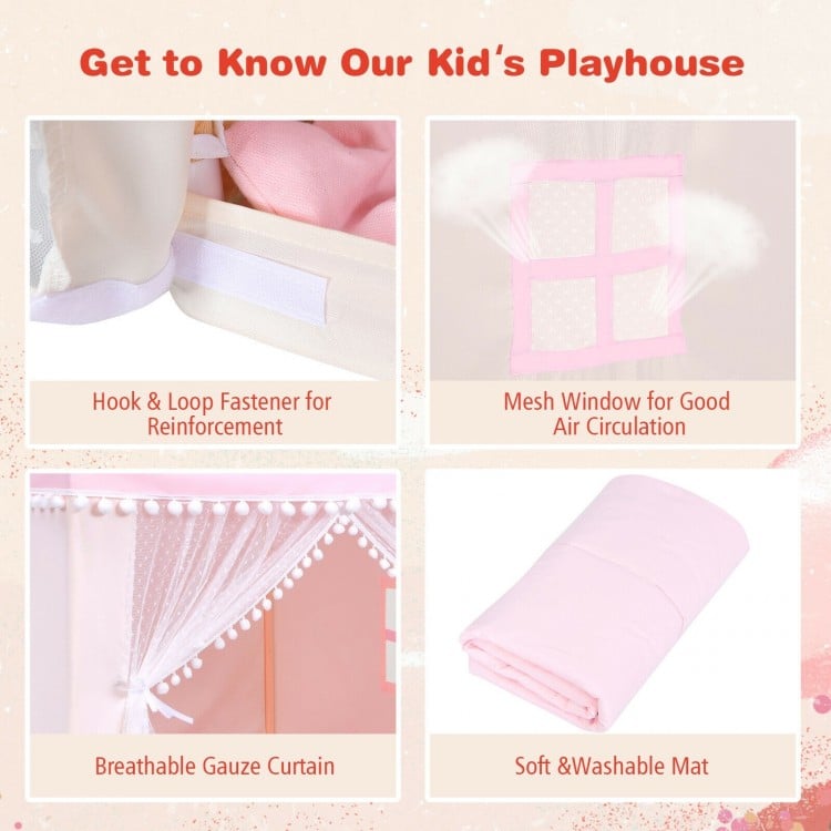 Kids play tent with breathable gauze curtain, soft washable mat, and mesh window for air circulation in pink.