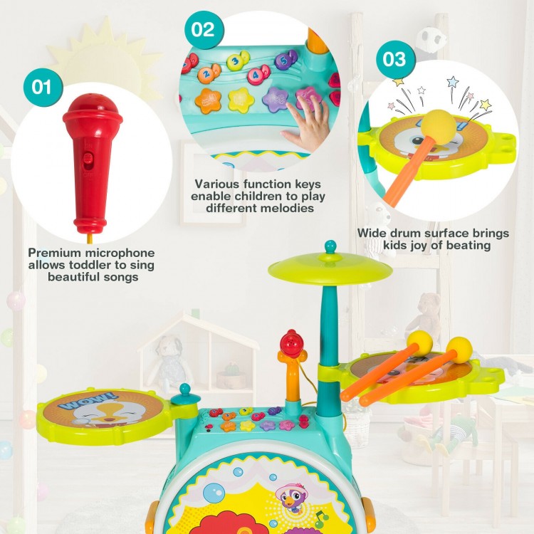 Electric kids drum set featuring a microphone, two drum sticks, and colorful design for creative musical play.