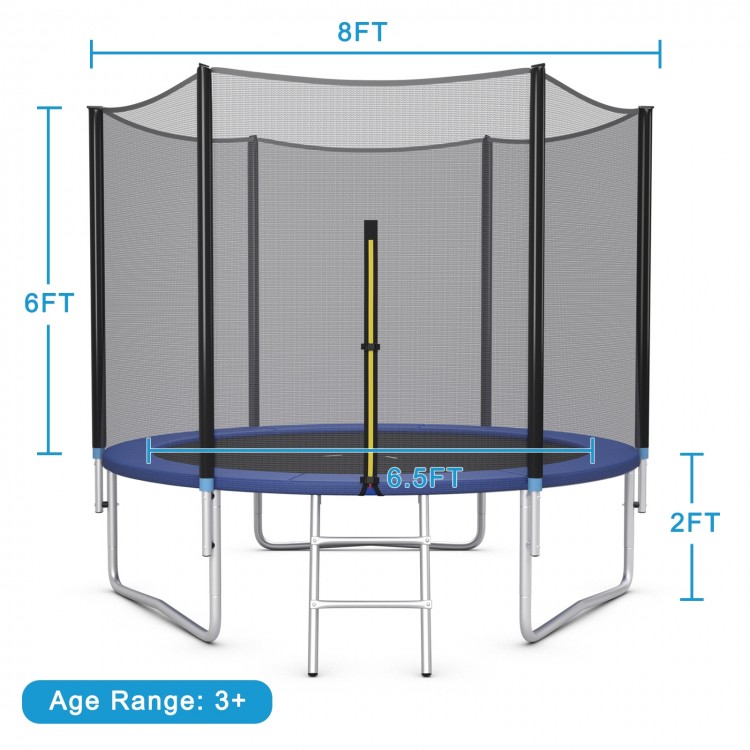 8 ft outdoor trampoline with safety net, galvanized steel frame, U-shaped legs, and included ladder for kids' fun.