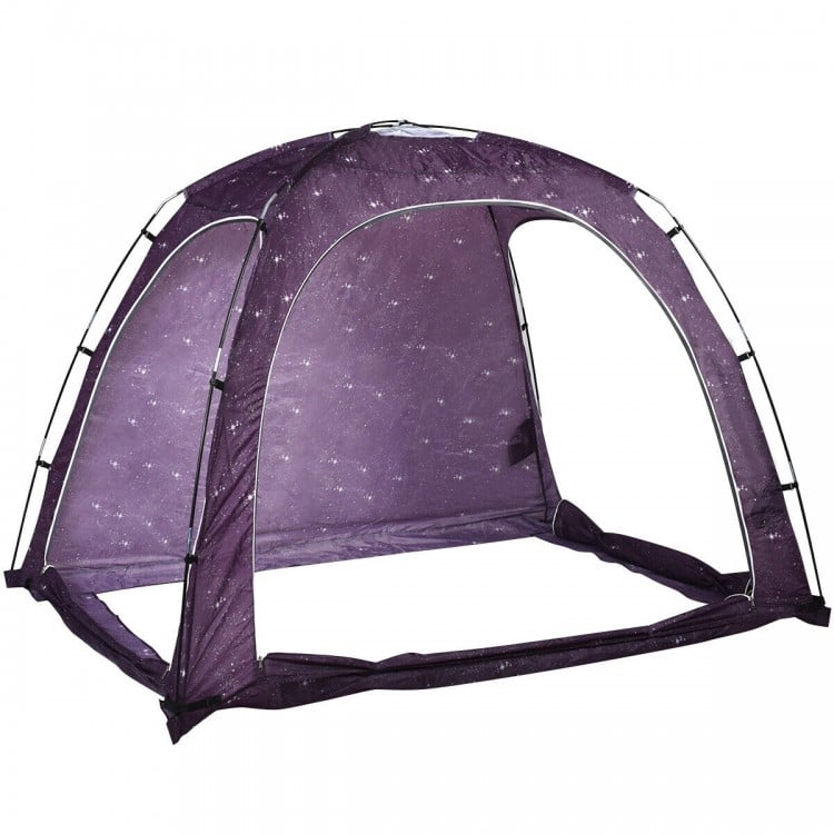 Portable indoor privacy play tent in purple, made of tear-resistant polyester, featuring three doors and mesh vents.