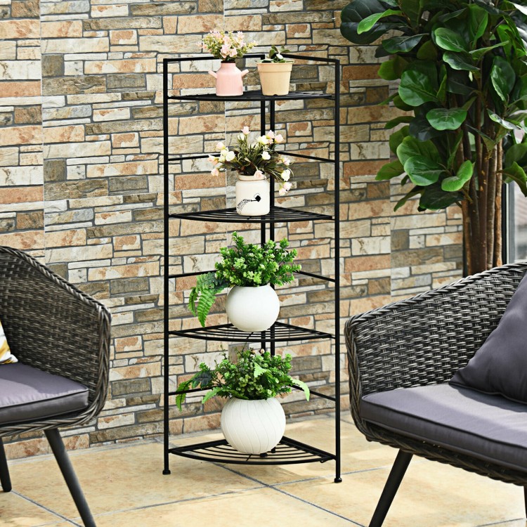 Four-tier folding metal shelf plant stand with a heavy-duty steel frame, ideal for outdoor decoration and storage.