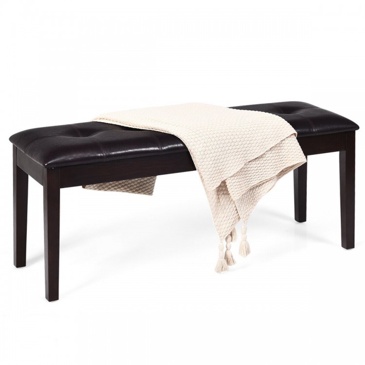 Upholstered brown dining room bench with button tufting, solid rubberwood legs, ideal for dining or hallway use.