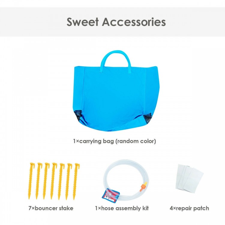 Carrying bag, stakes, hose assembly kit, and repair patches for the inflatable bounce house water slide accessories.