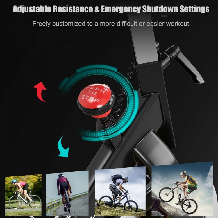 Adjustable resistance knob on the magnetic exercise bike for customized workouts and emergency shutdown settings.