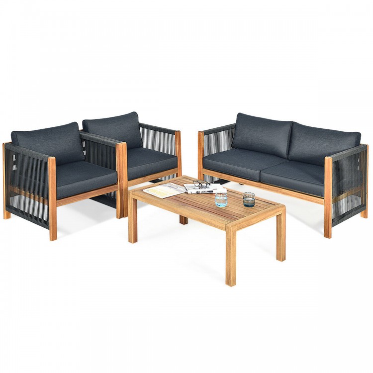 4-piece acacia wood outdoor patio furniture set with soft cushions, ideal for relaxation in any outdoor space.