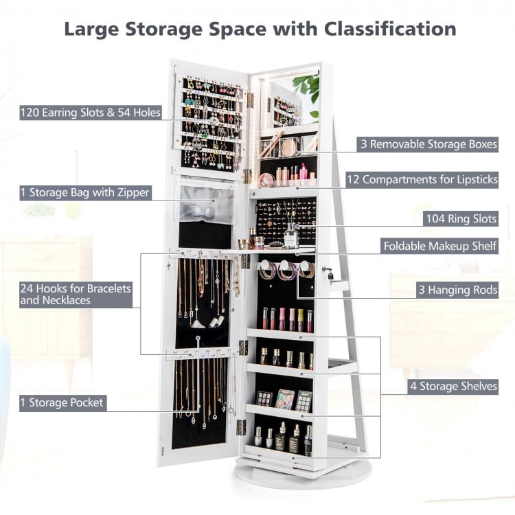 360° rotating white jewelry cabinet armoire with large storage, LED lighting, and lockable design for organized.