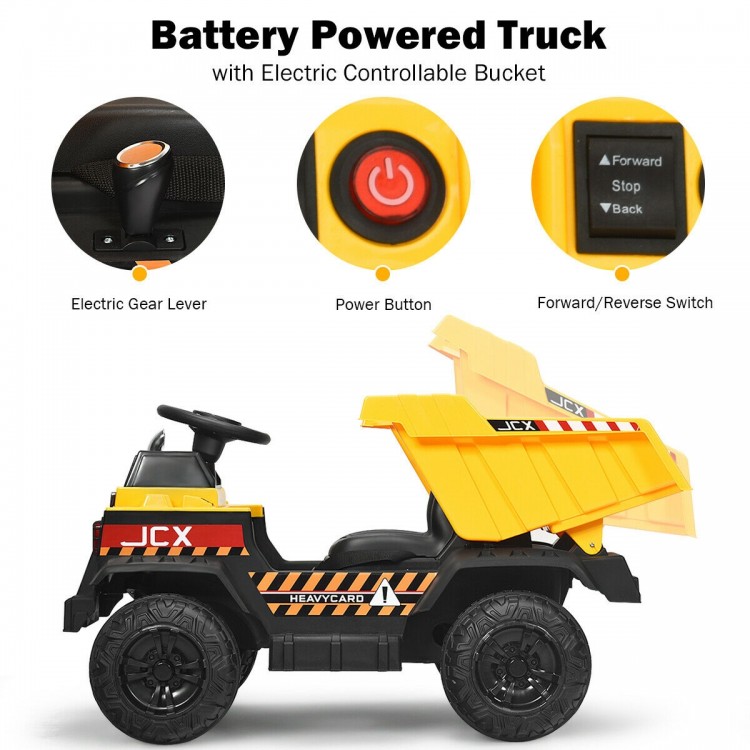 Battery-powered kids ride-on dump truck in yellow with electric bucket, remote control, and safety features for outdoor.