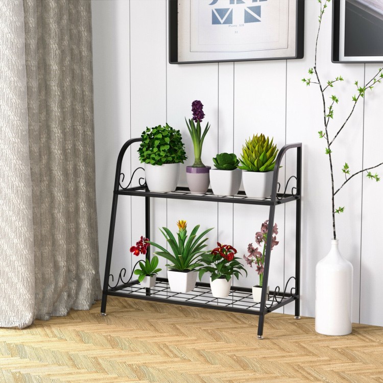 2-tier metal plant stand with a black powder-coated finish, ideal for displaying plants in living rooms or gardens.