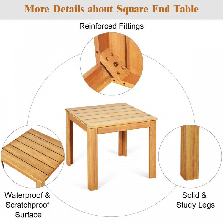 Wooden square patio coffee bistro table made of acacia wood, featuring a waterproof surface and solid legs for outdoor.
