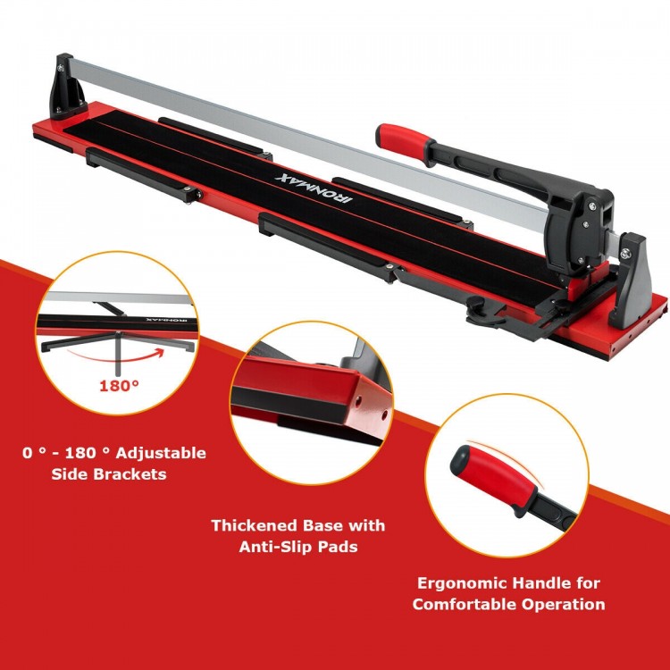 Manual tile cutter with a sharp tungsten carbide blade, ergonomic handle, and adjustable side brackets for stability.